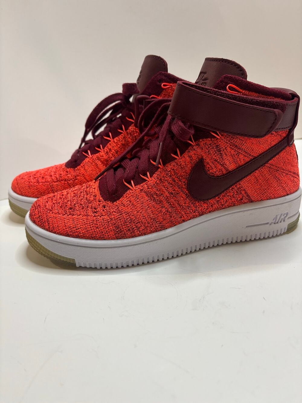 Nike Air Force 1 Flyknit High Women’s Size 8 Red Burgundy Orange White